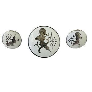 SIAM Demi-Parure Sterling‎ Silver White Enamel Niello Dancer Brooch & Earrings